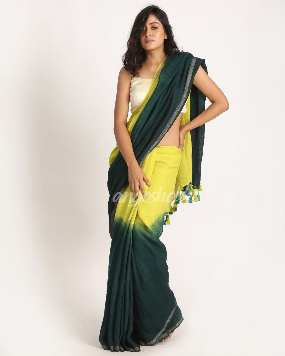 Lemon Dark GreenTraditional Handloom Linen Saree angoshobha