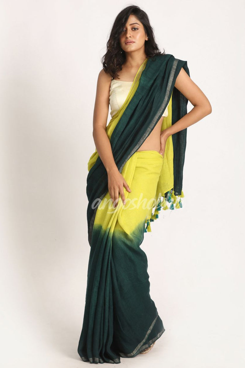 Lemon Dark GreenTraditional Handloom Linen Saree
