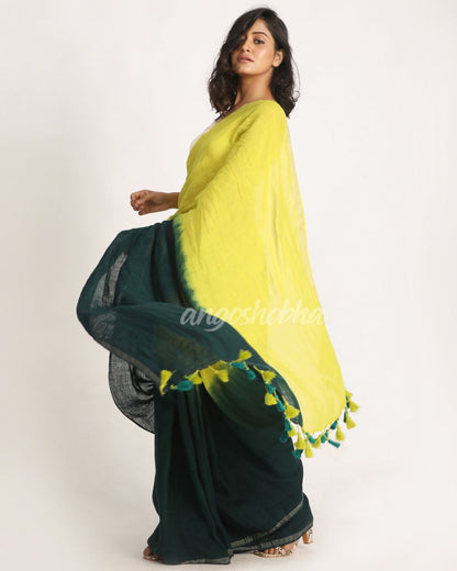 Lemon Dark GreenTraditional Handloom Linen Saree angoshobha