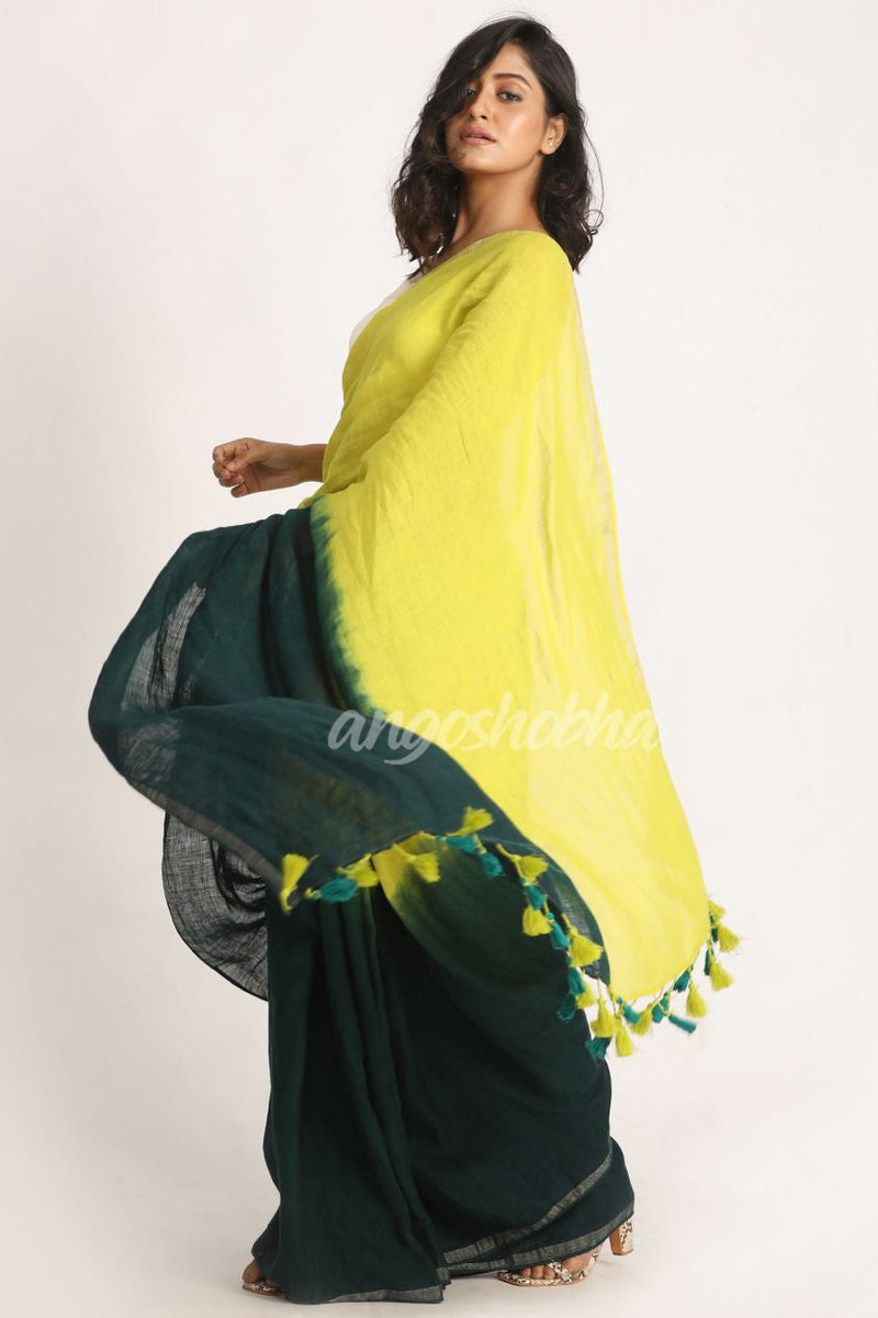 Lemon Dark GreenTraditional Handloom Linen Saree