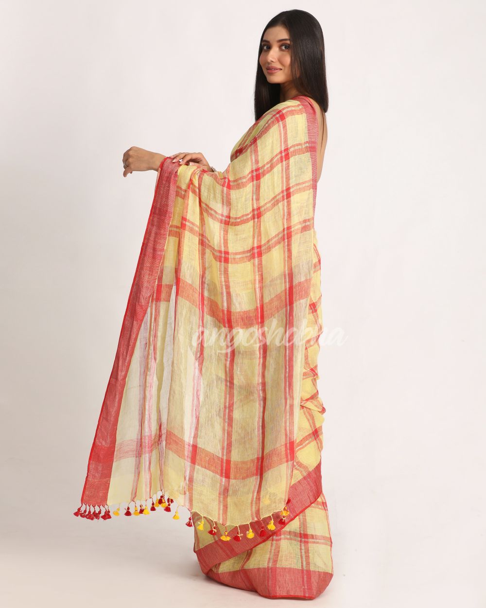 Lemon Maroon Handloom Check Linen Saree angoshobha