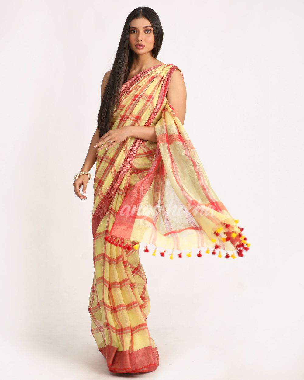 Lemon Maroon Handloom Check Linen Saree angoshobha