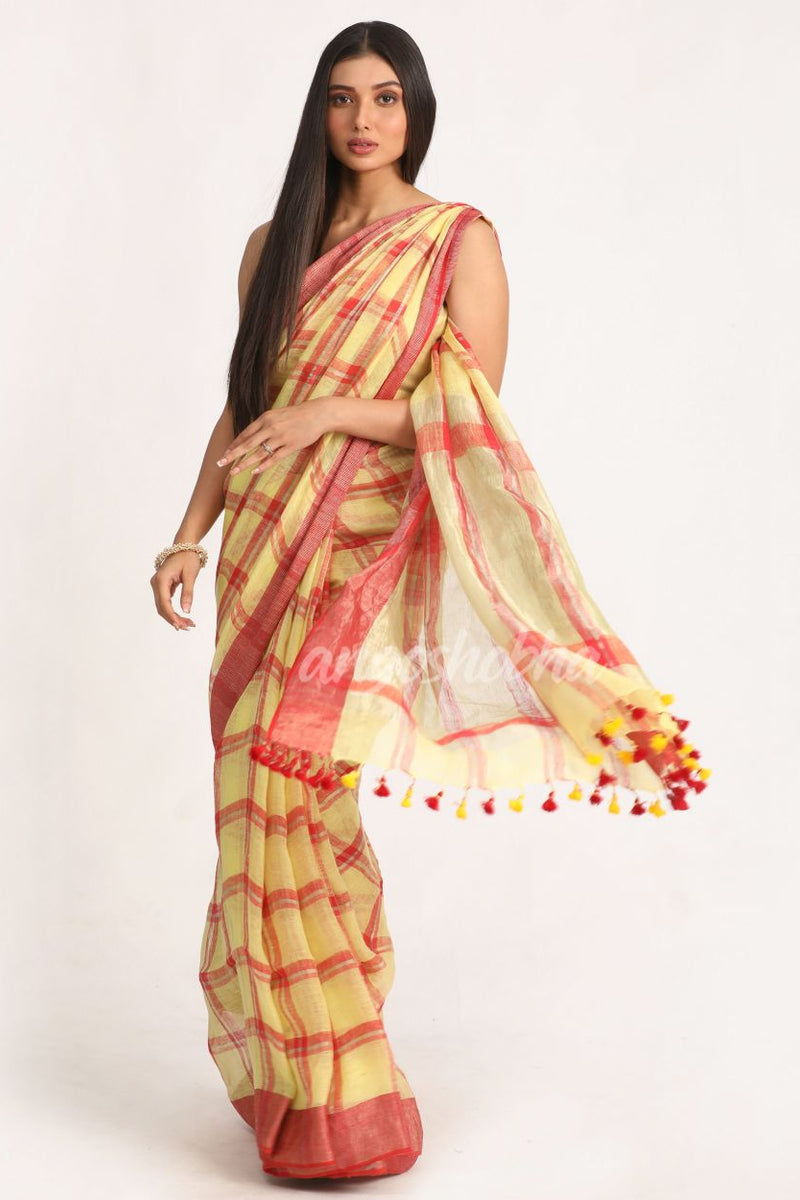 Lemon Maroon Handloom Check Linen Saree