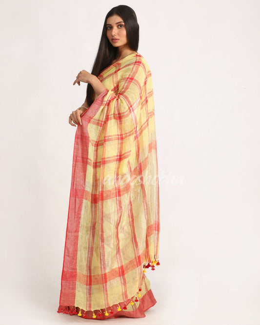 Lemon Maroon Handloom Check Linen Saree angoshobha