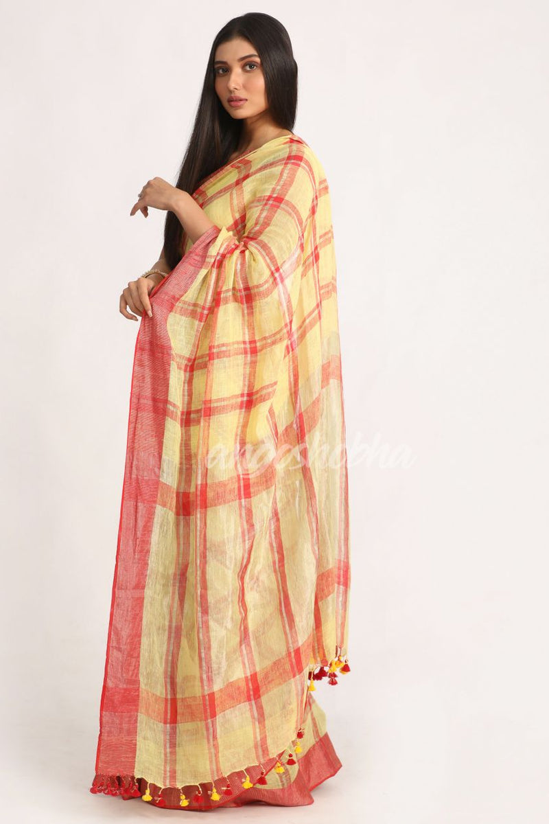 Lemon Maroon Handloom Check Linen Saree