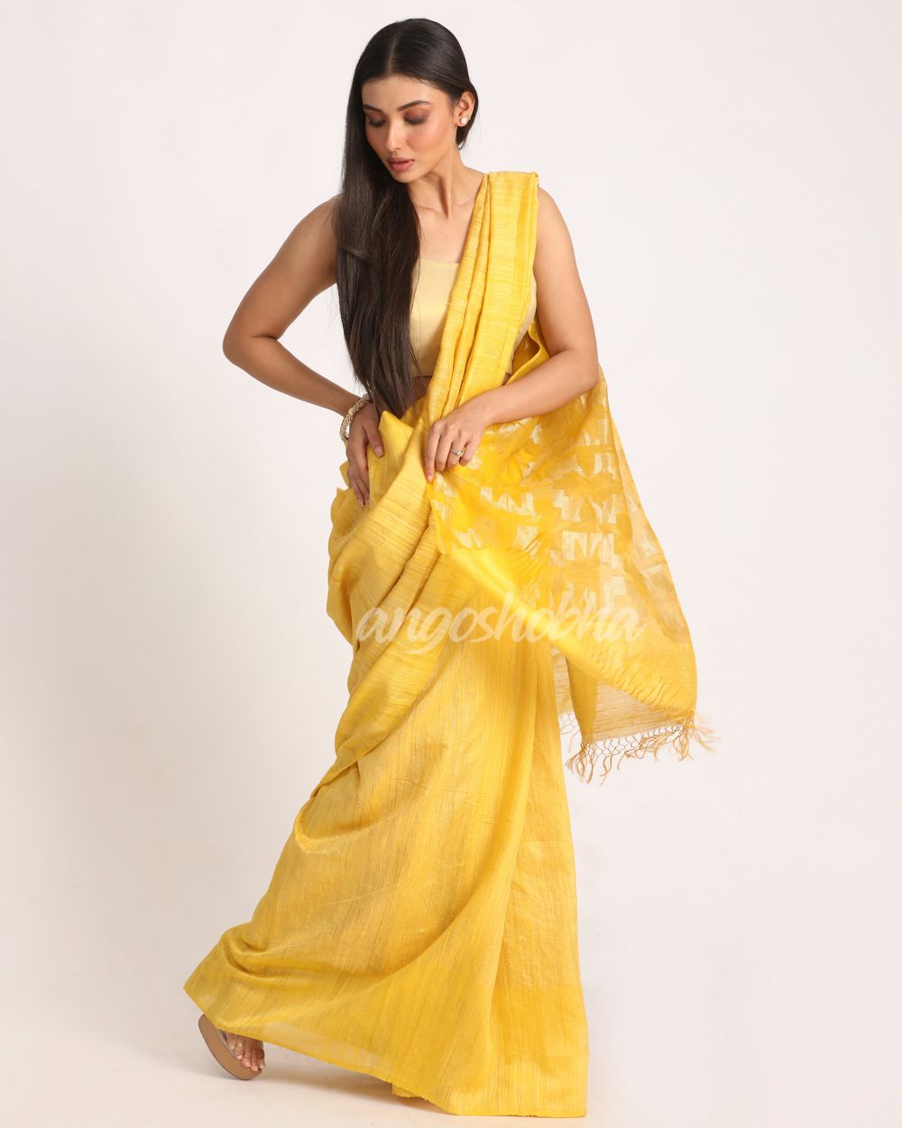 Lemon Matka Silk Handloom Traditional Jamdani Saree angoshobha