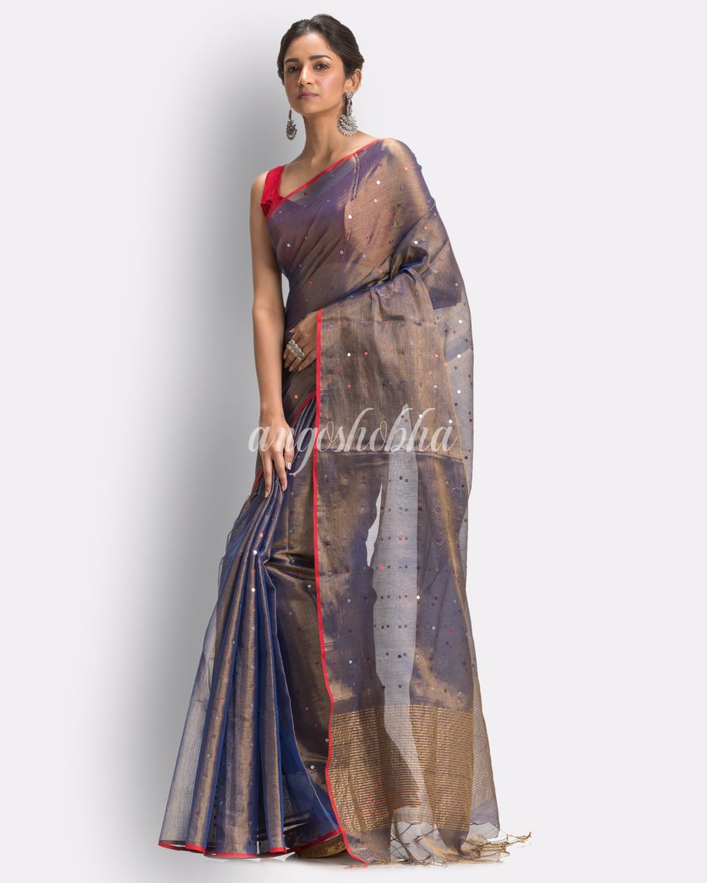 Light Blue Art Silk Muslin Handloom Sequin Saree angoshobha