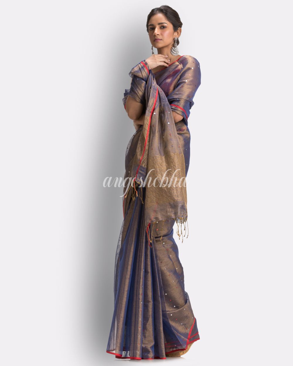 Light Blue Art Silk Muslin Handloom Sequin Saree angoshobha