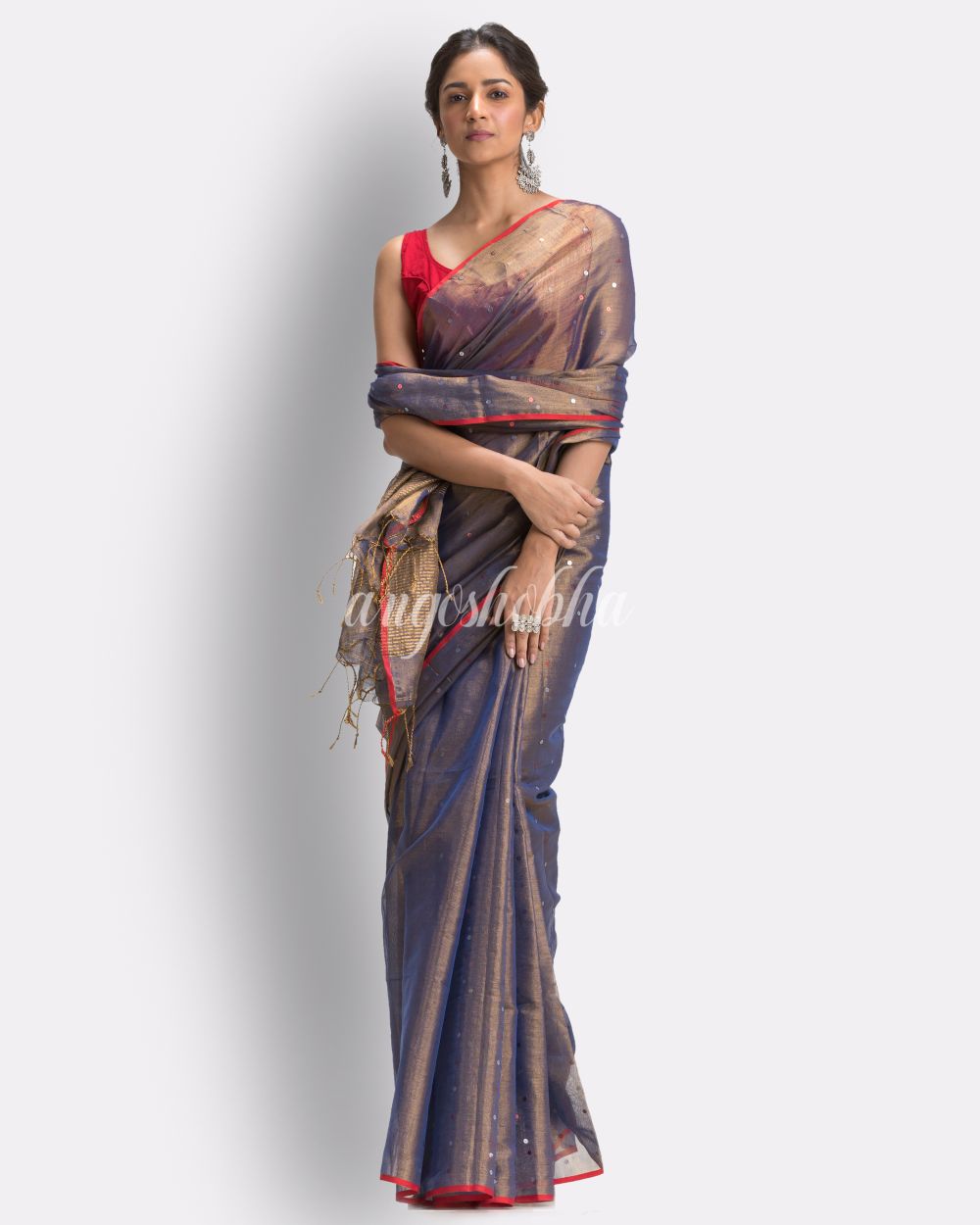 Light Blue Art Silk Muslin Handloom Sequin Saree angoshobha