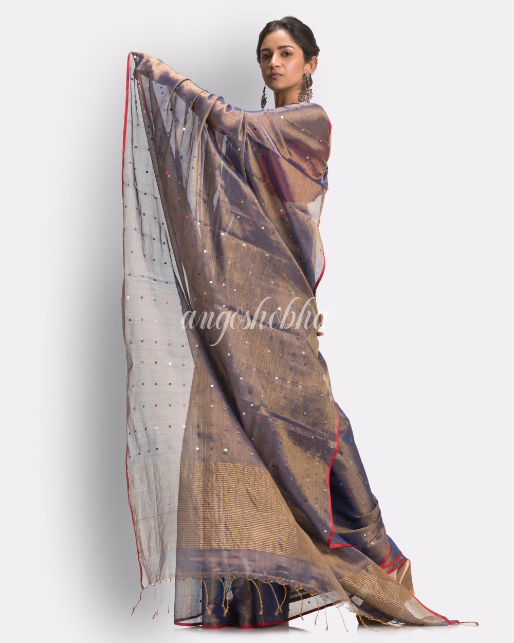Light Blue Art Silk Muslin Handloom Sequin Saree angoshobha