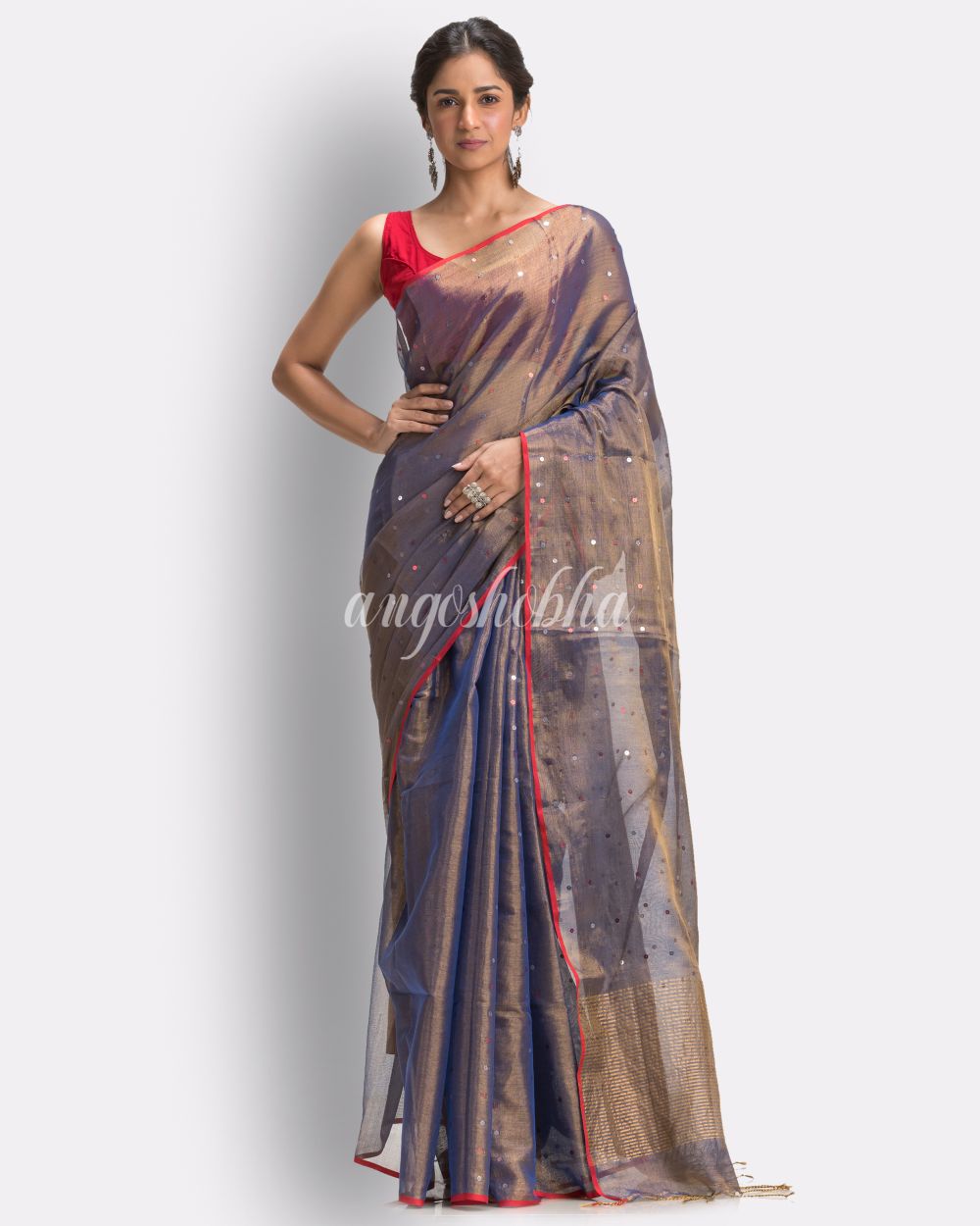 Light Blue Art Silk Muslin Handloom Sequin Saree angoshobha