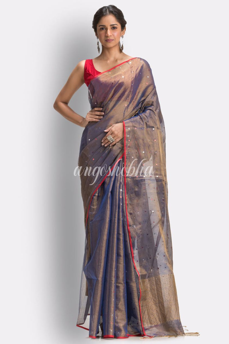 Light Blue Art Silk Muslin Handloom Sequin Saree