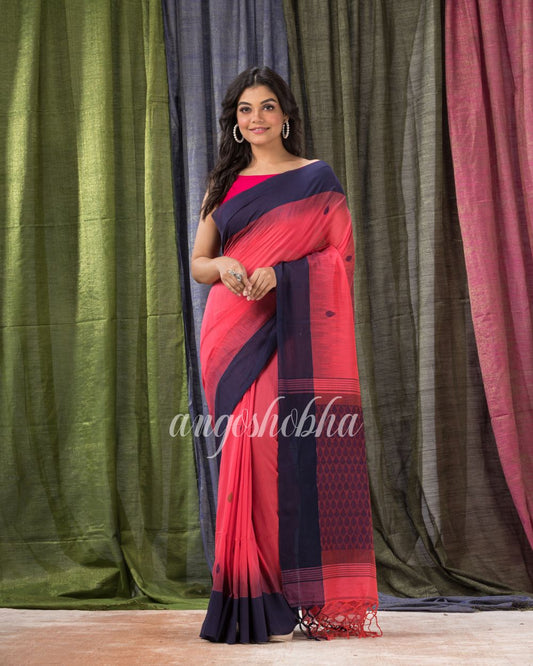 Light Fuchia Cotton Tangail Festive Saree angoshobha