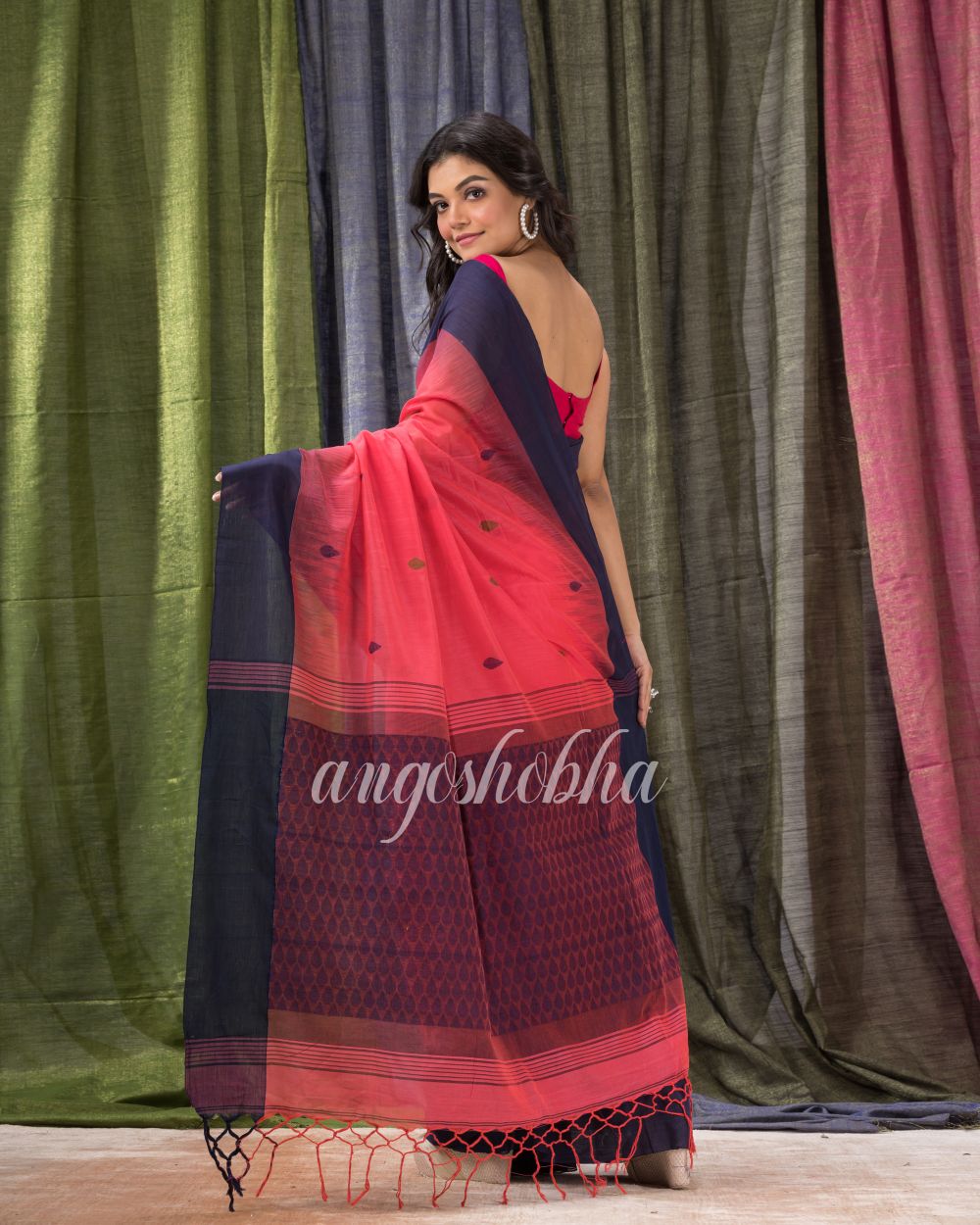 Light Fuchia Cotton Tangail Festive Saree angoshobha