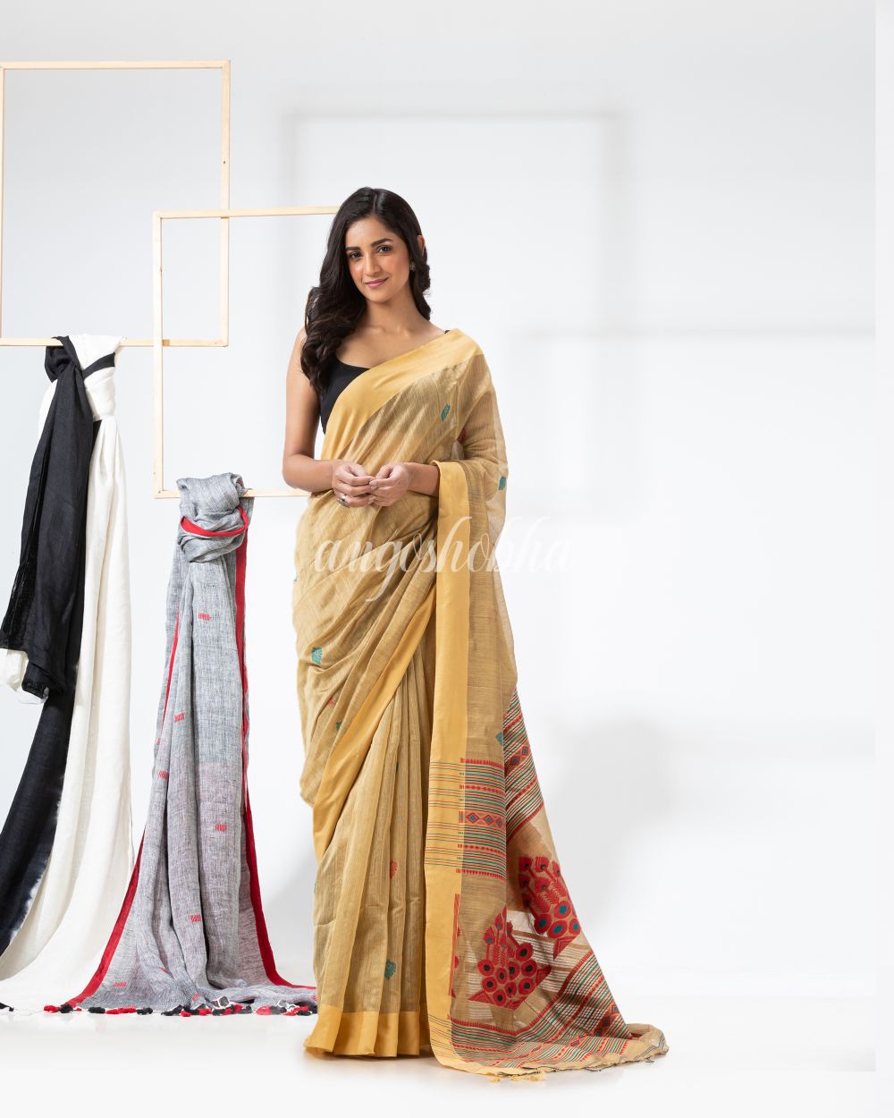 Light Gold Cotton Blend Festive Jamdani Saree angoshobha