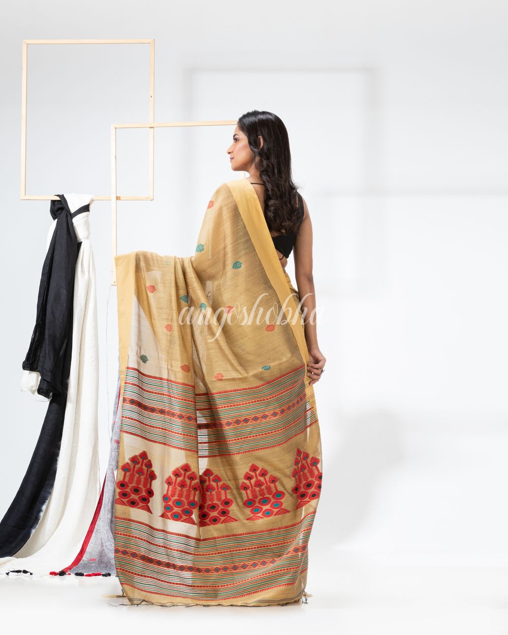 Light Gold Cotton Blend Festive Jamdani Saree angoshobha