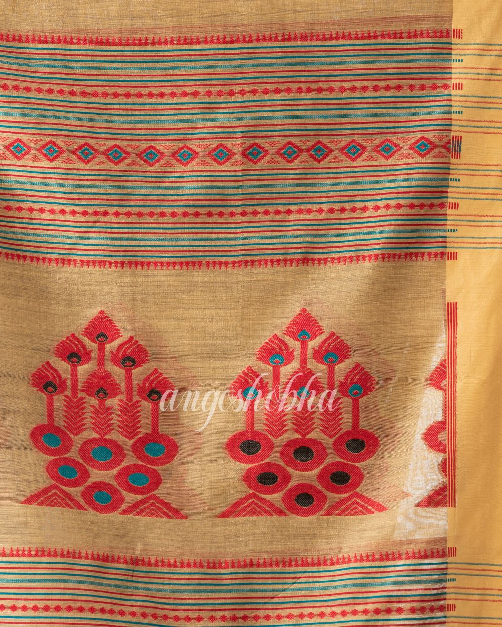 Light Gold Cotton Blend Festive Jamdani Saree angoshobha