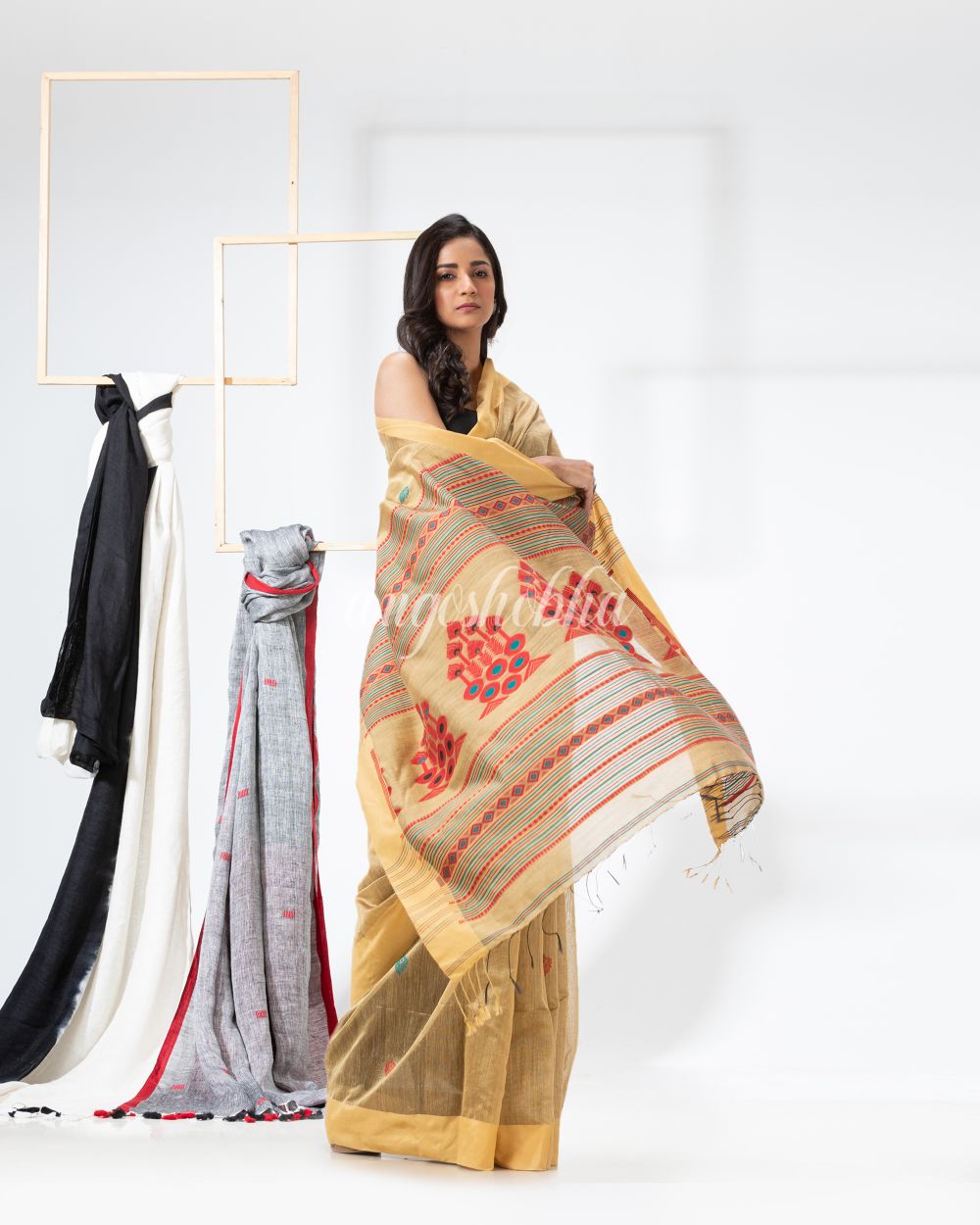 Light Gold Cotton Blend Festive Jamdani Saree angoshobha