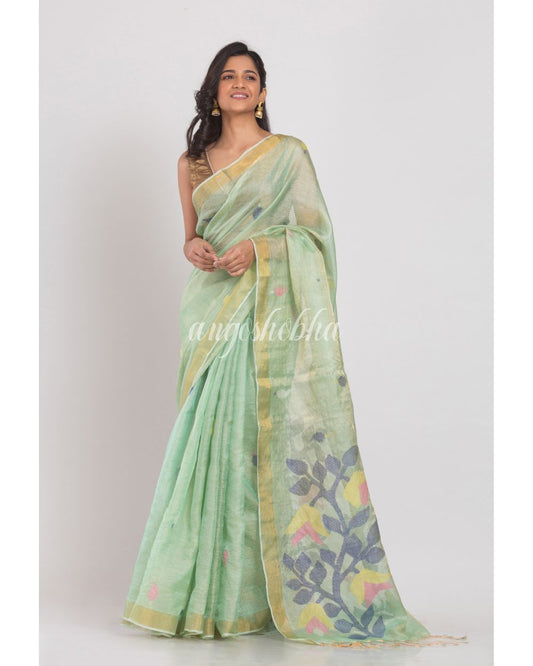 Light Green Tussar Silk Jamdani Saree angoshobha