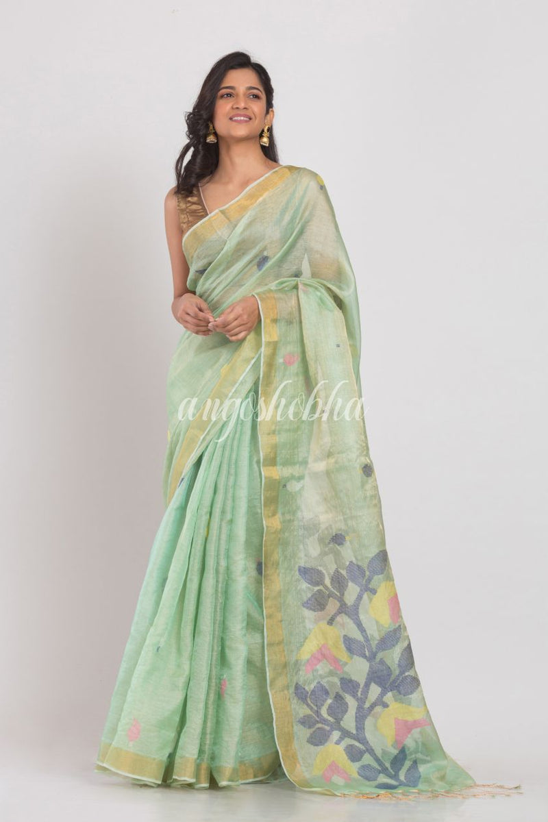 Light Green Tussar Silk Muslin Jamdani Saree
