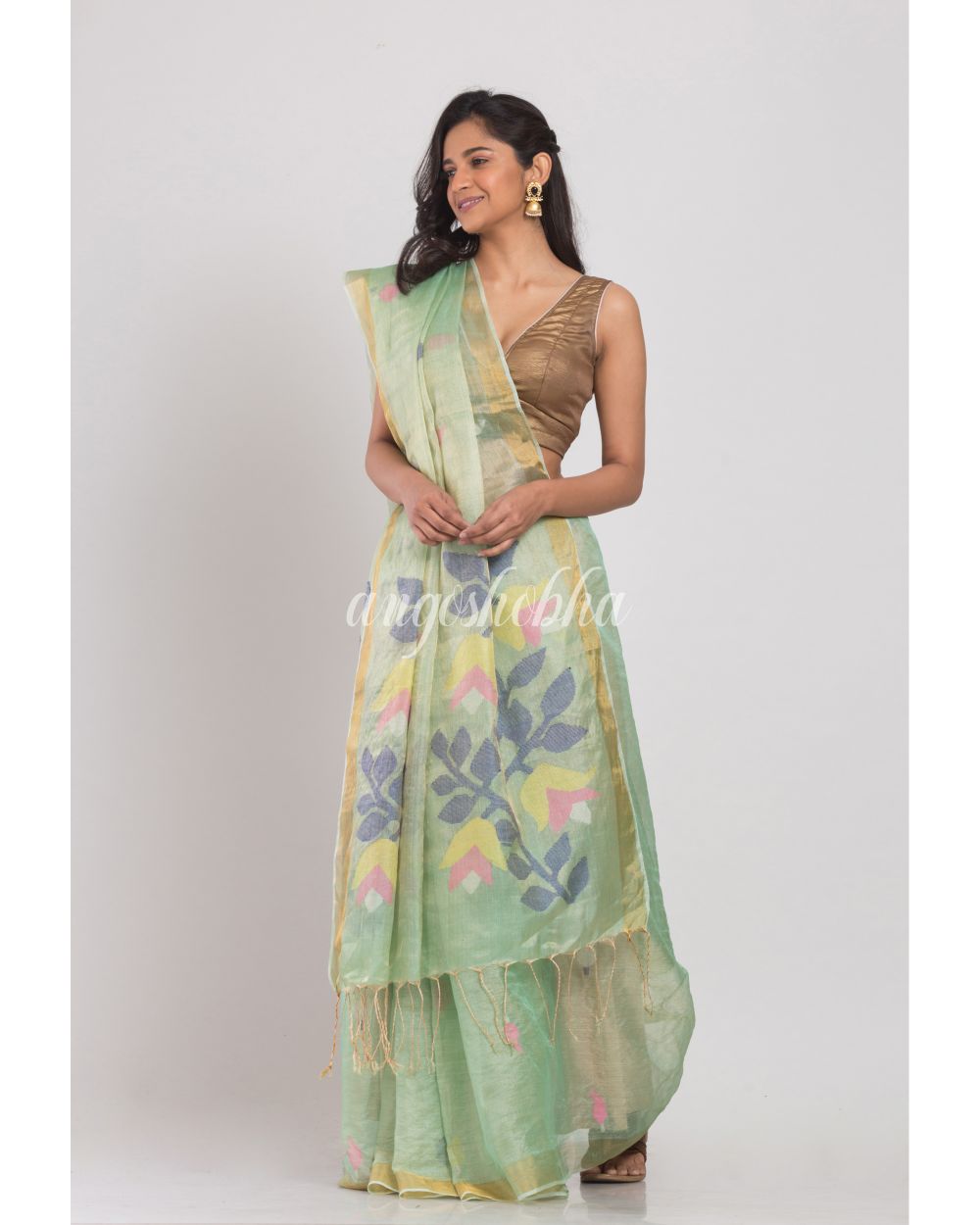 Light Green Tussar Silk Jamdani Saree angoshobha
