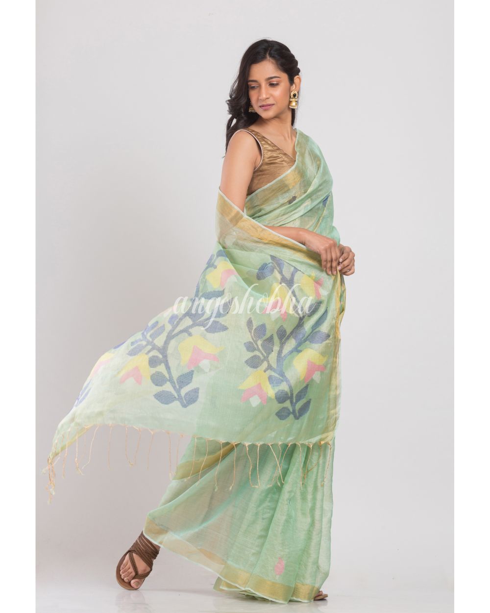Light Green Tussar Silk Jamdani Saree angoshobha