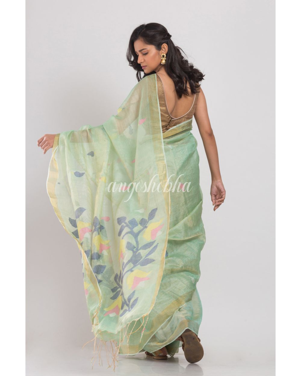 Light Green Tussar Silk Jamdani Saree angoshobha