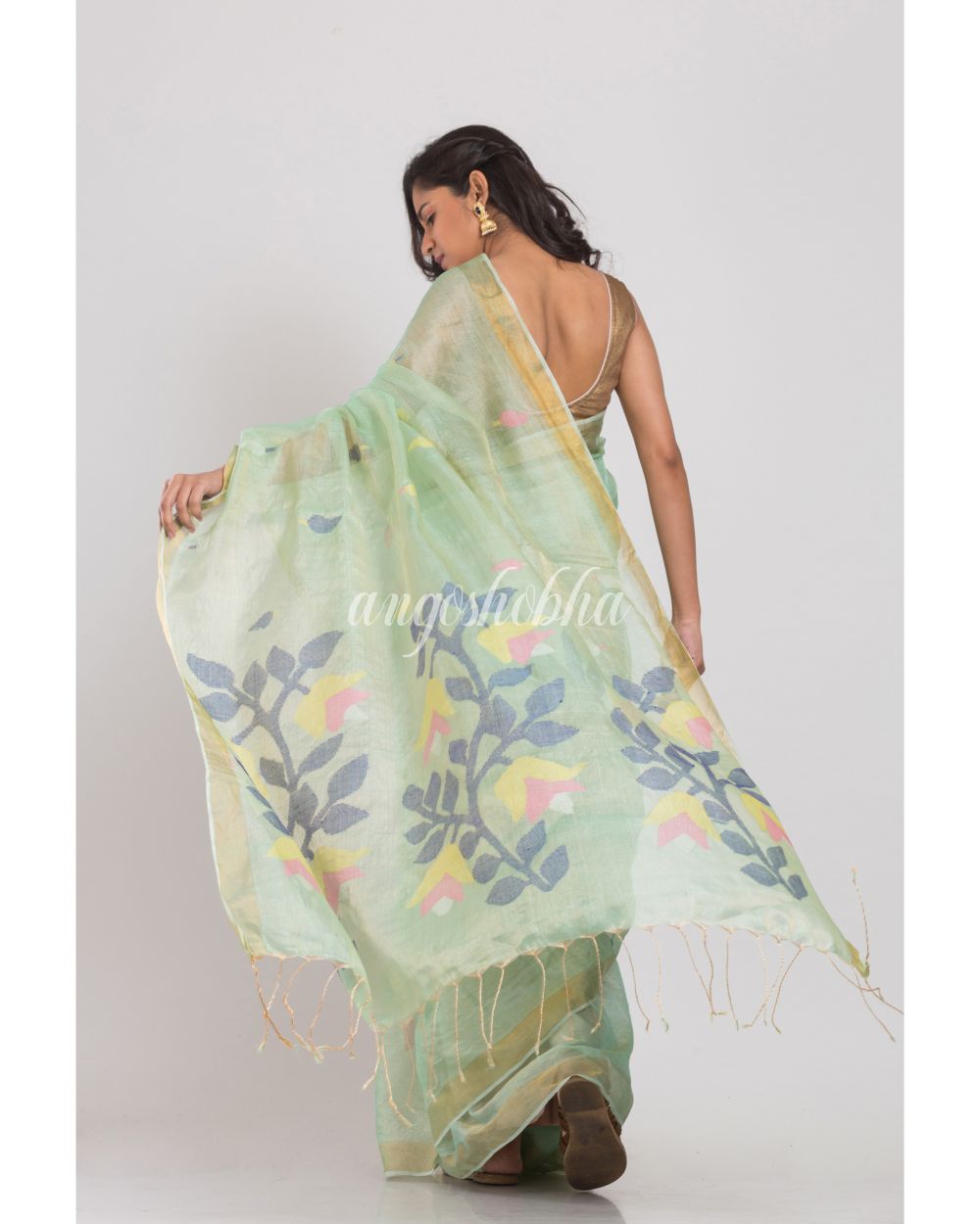 Light Green Tussar Silk Jamdani Saree angoshobha