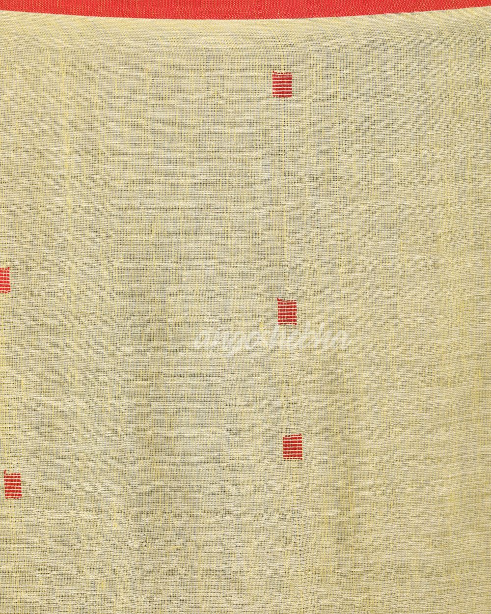 Light Lemon Traditional Handloom Linen Jamdani Saree angoshobha