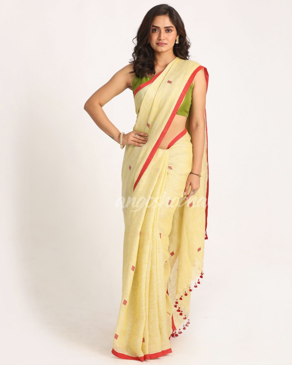 Light Lemon Traditional Handloom Linen Jamdani Saree angoshobha