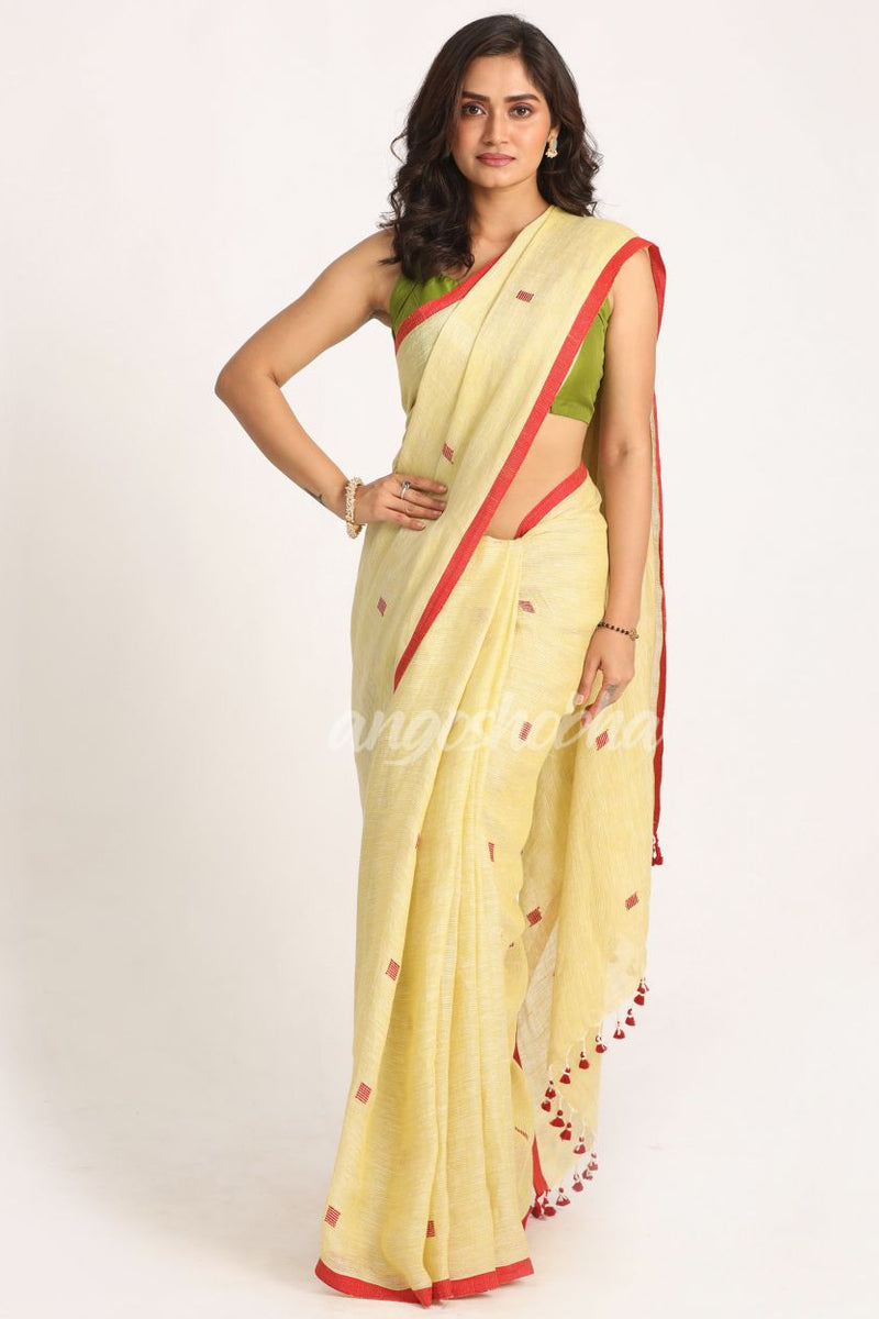 Light Lemon Traditional Handloom Linen Jamdani Saree