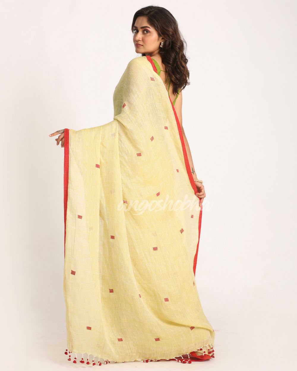 Light Lemon Traditional Handloom Linen Jamdani Saree angoshobha