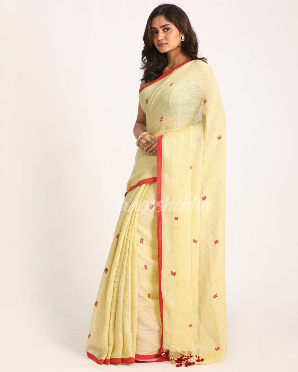 Light Lemon Traditional Handloom Linen Jamdani Saree angoshobha