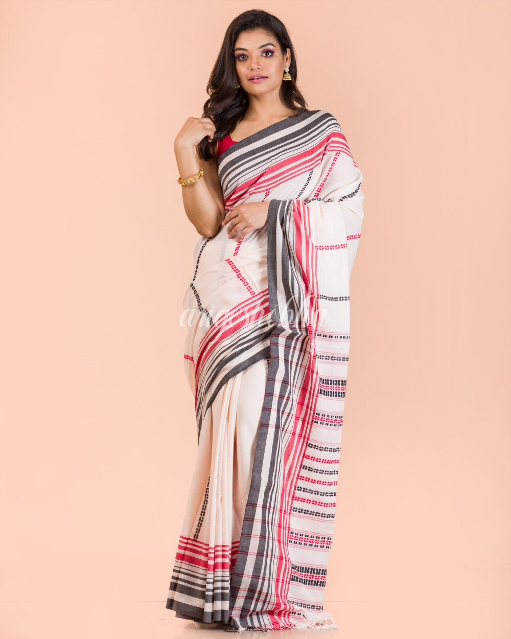 Light Peach Cotton Madhyamoni Saree angoshobha