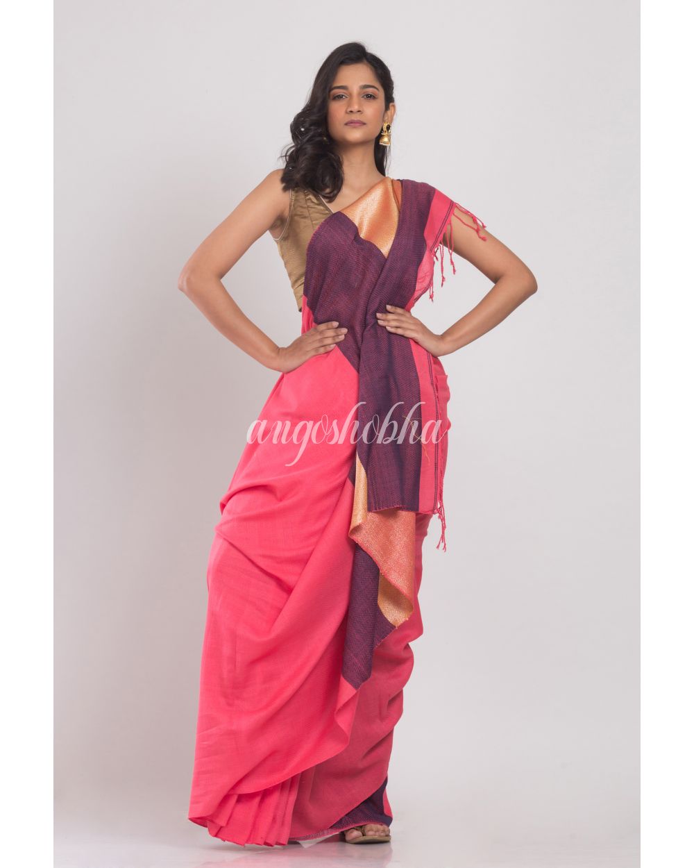 Light Pink Jacquard Woven Khadi Cotton Saree angoshobha