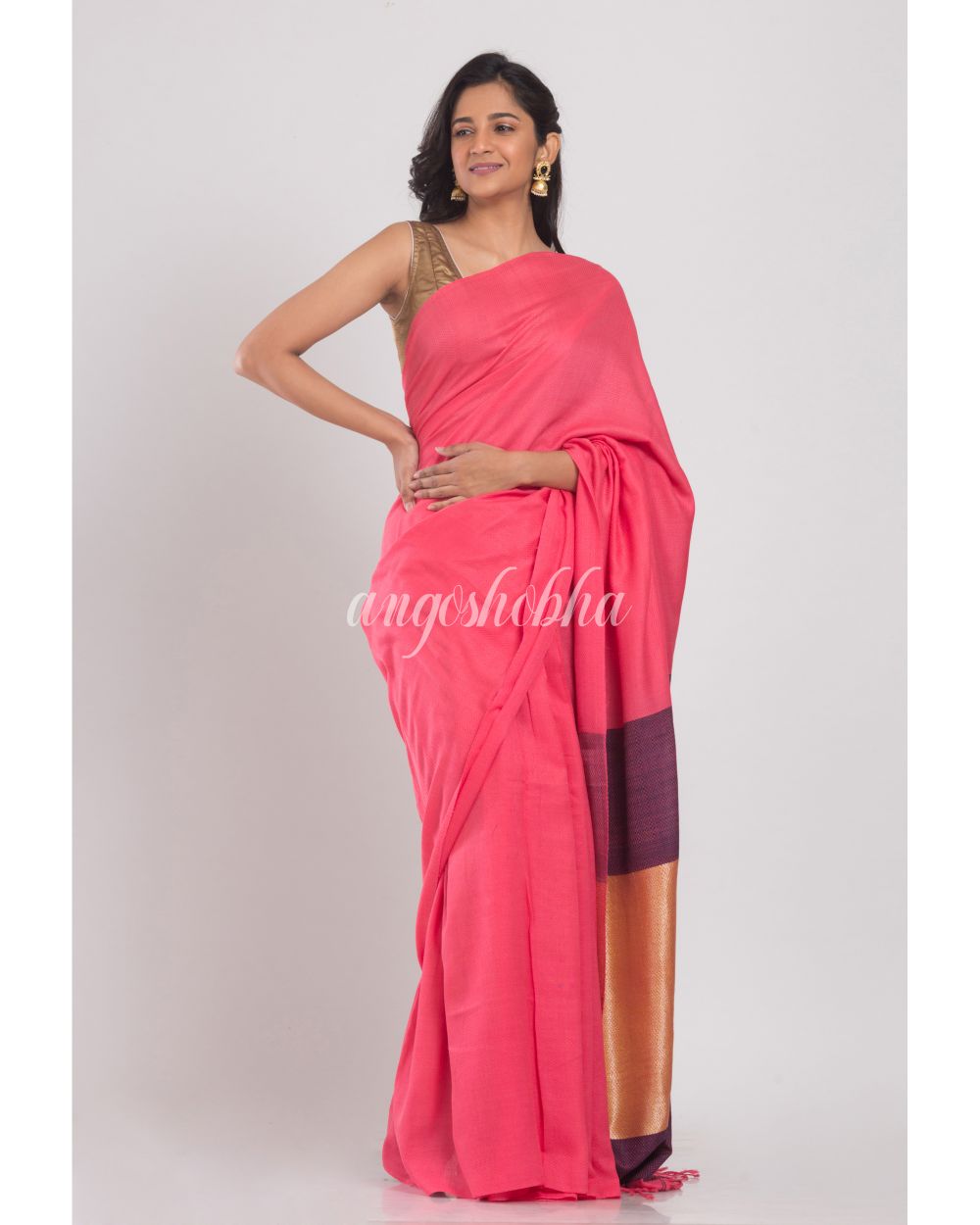 Light Pink Jacquard Woven Khadi Cotton Saree angoshobha