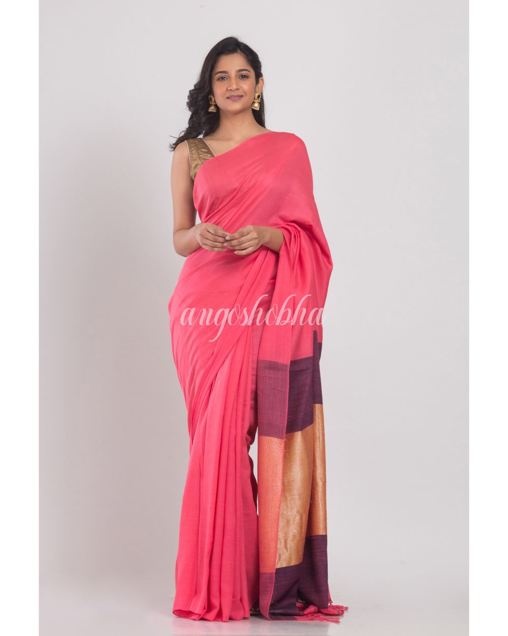 Light Pink Jacquard Woven Khadi Cotton Saree angoshobha