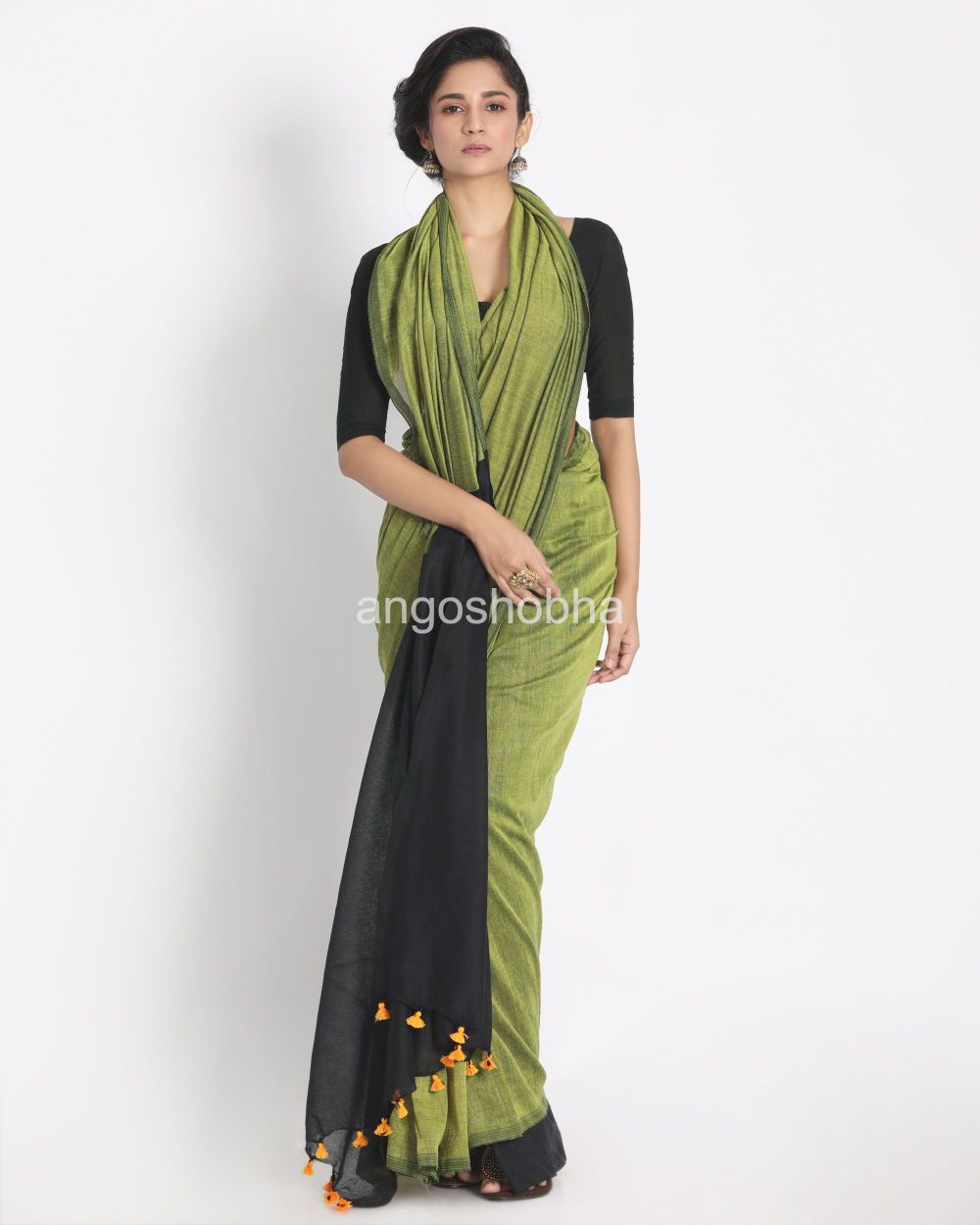 Light lime handspan cotton handwoven saree angoshobha