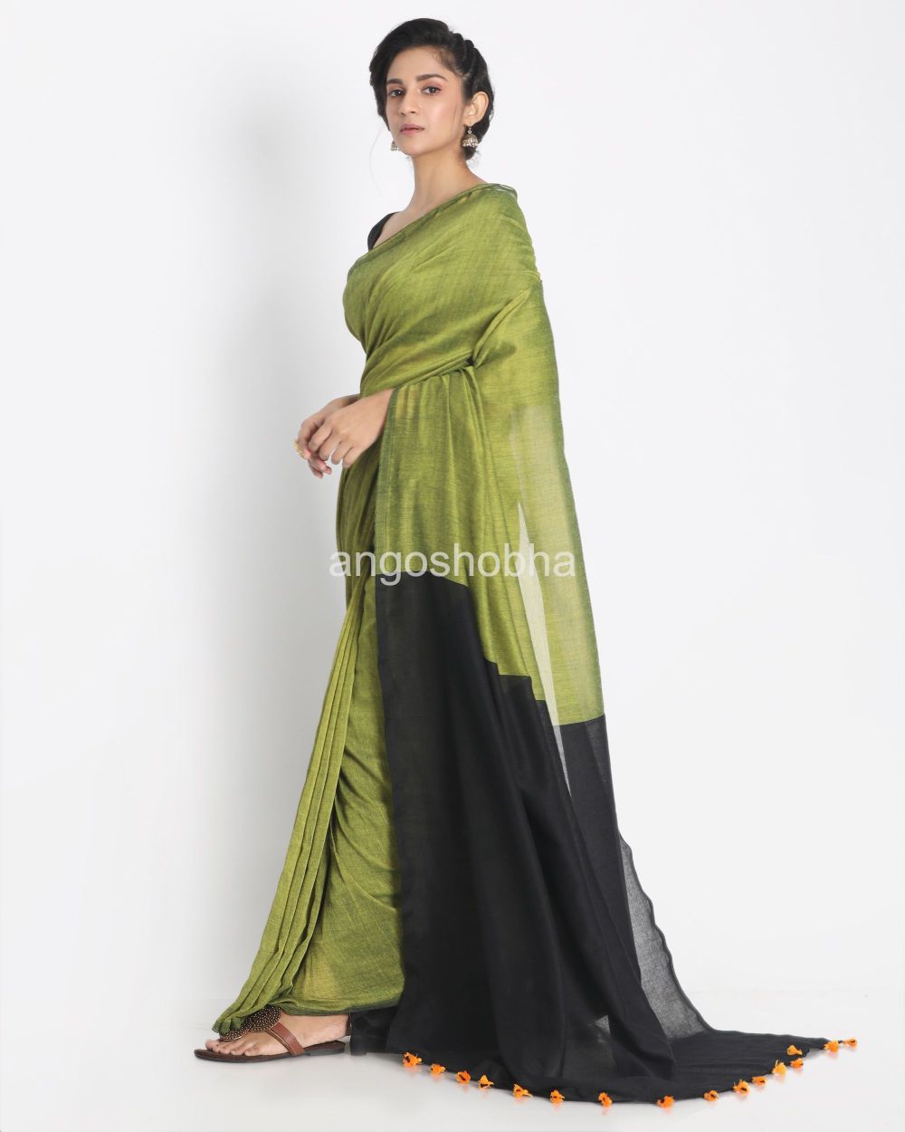 Light lime handspan cotton handwoven saree angoshobha