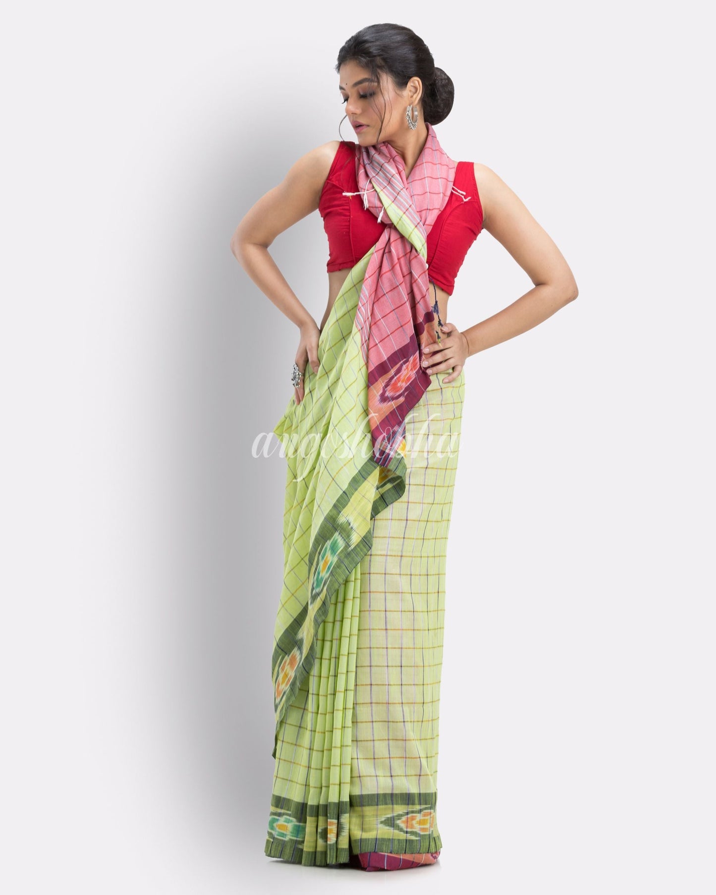 Lime handloom bengal cotton saree angoshobha