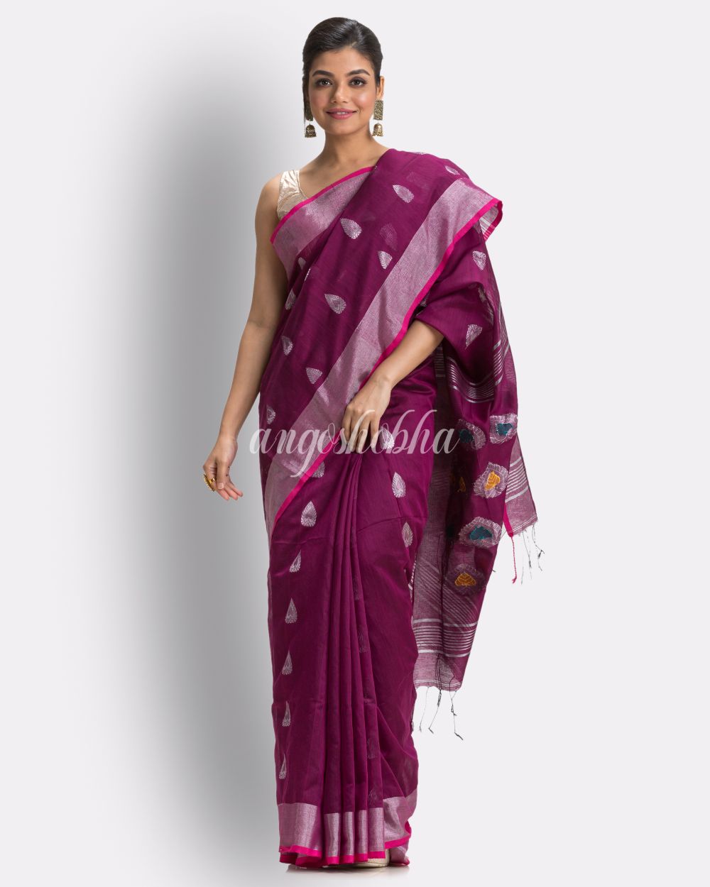Magenta Cotton Blend Handloom Jamdani Saree angoshobha