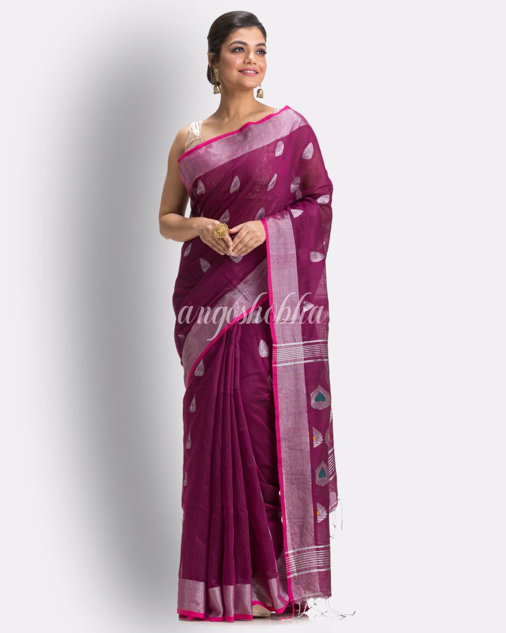Magenta Cotton Blend Handloom Jamdani Saree angoshobha