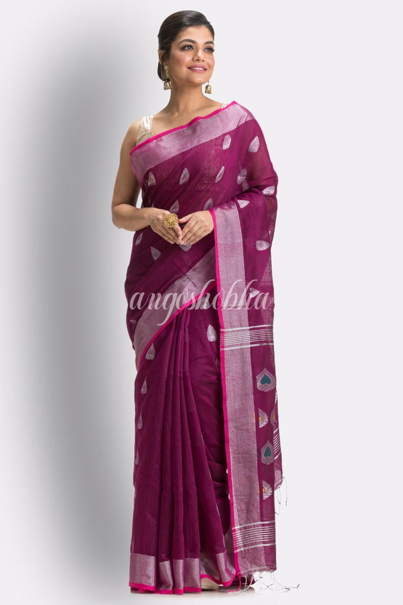 Magenta Cotton Blend Handloom Jamdani Saree