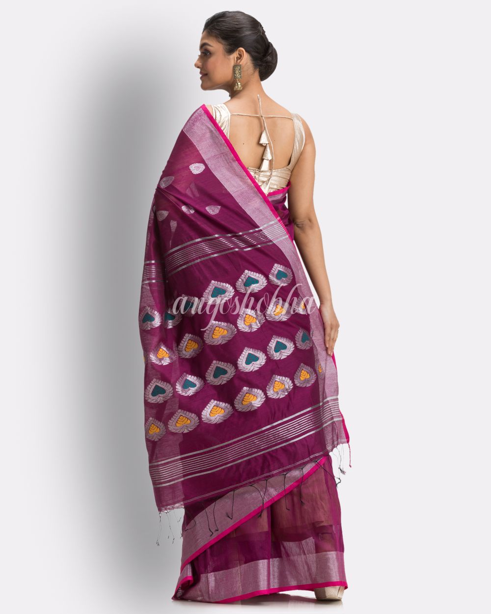 Magenta Cotton Blend Handloom Jamdani Saree angoshobha