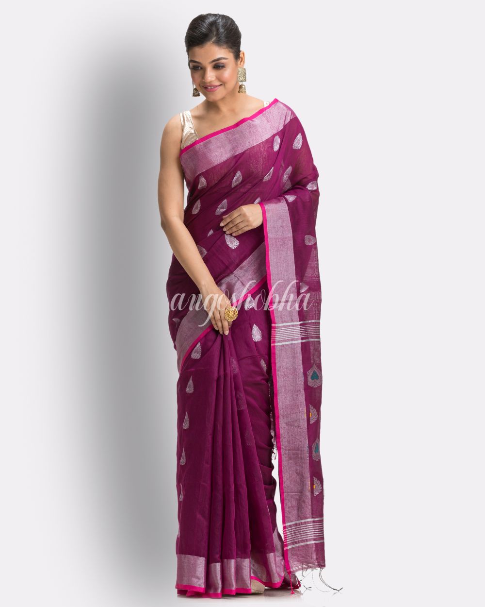 Magenta Cotton Blend Handloom Jamdani Saree angoshobha