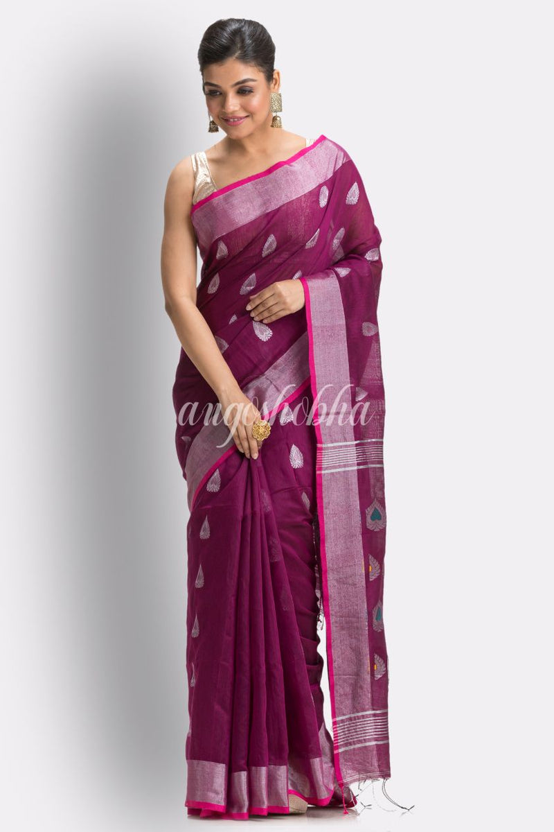 Magenta Cotton Blend Handloom Jamdani Saree
