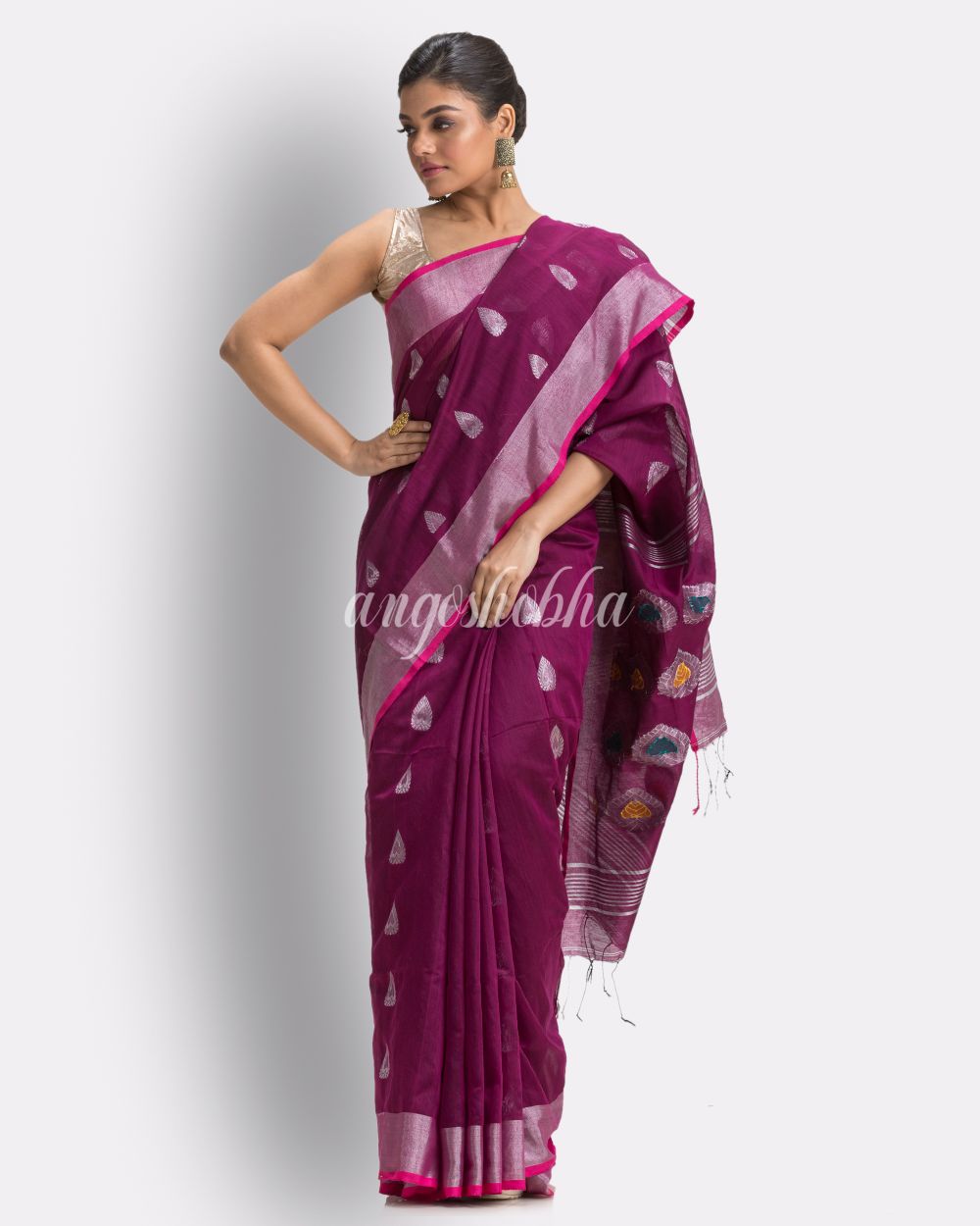 Magenta Cotton Blend Handloom Jamdani Saree angoshobha