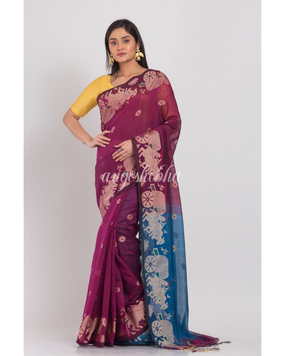 Magenta Handloom Blended Cotton Saree angoshobha