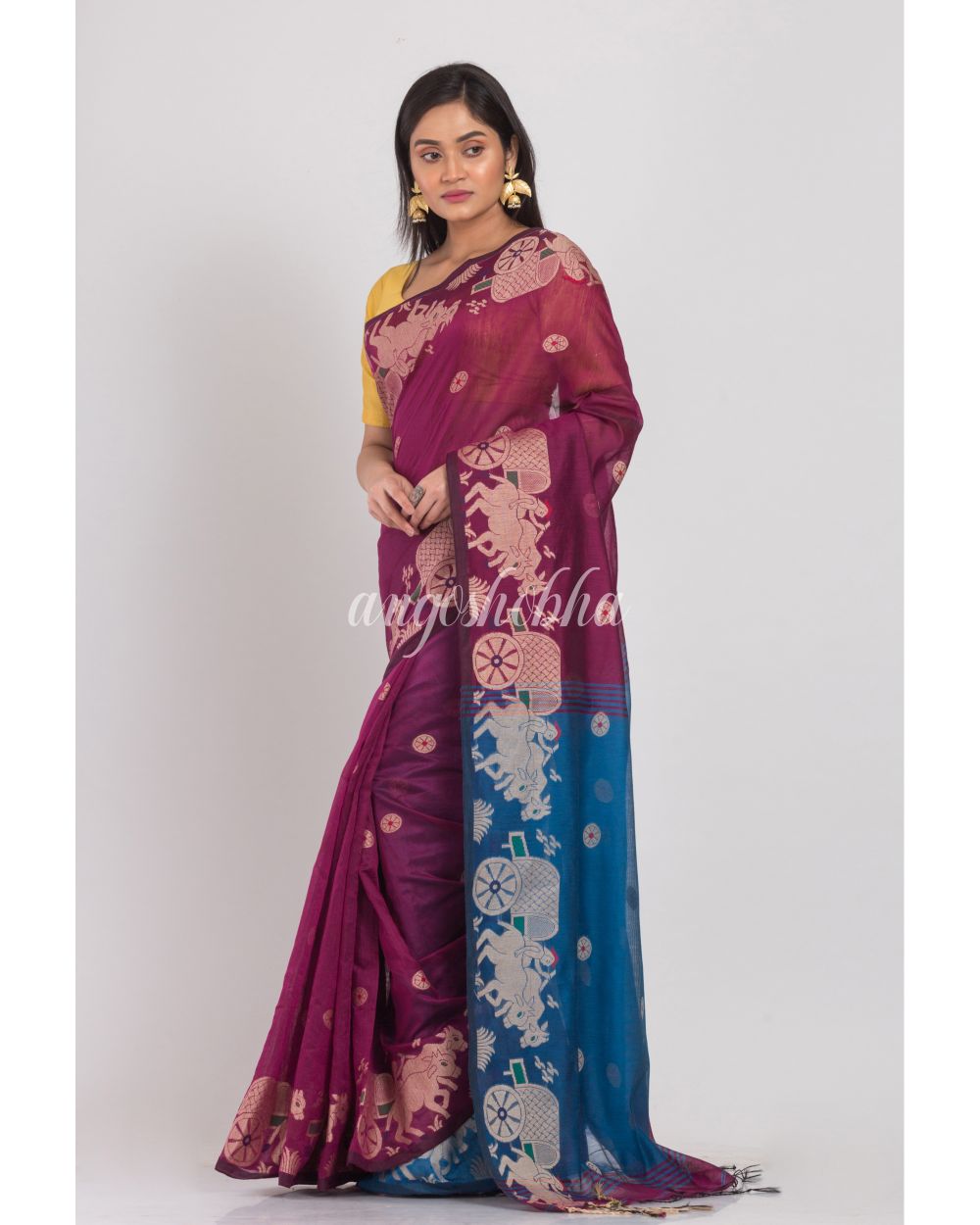 Magenta Handloom Blended Cotton Saree angoshobha
