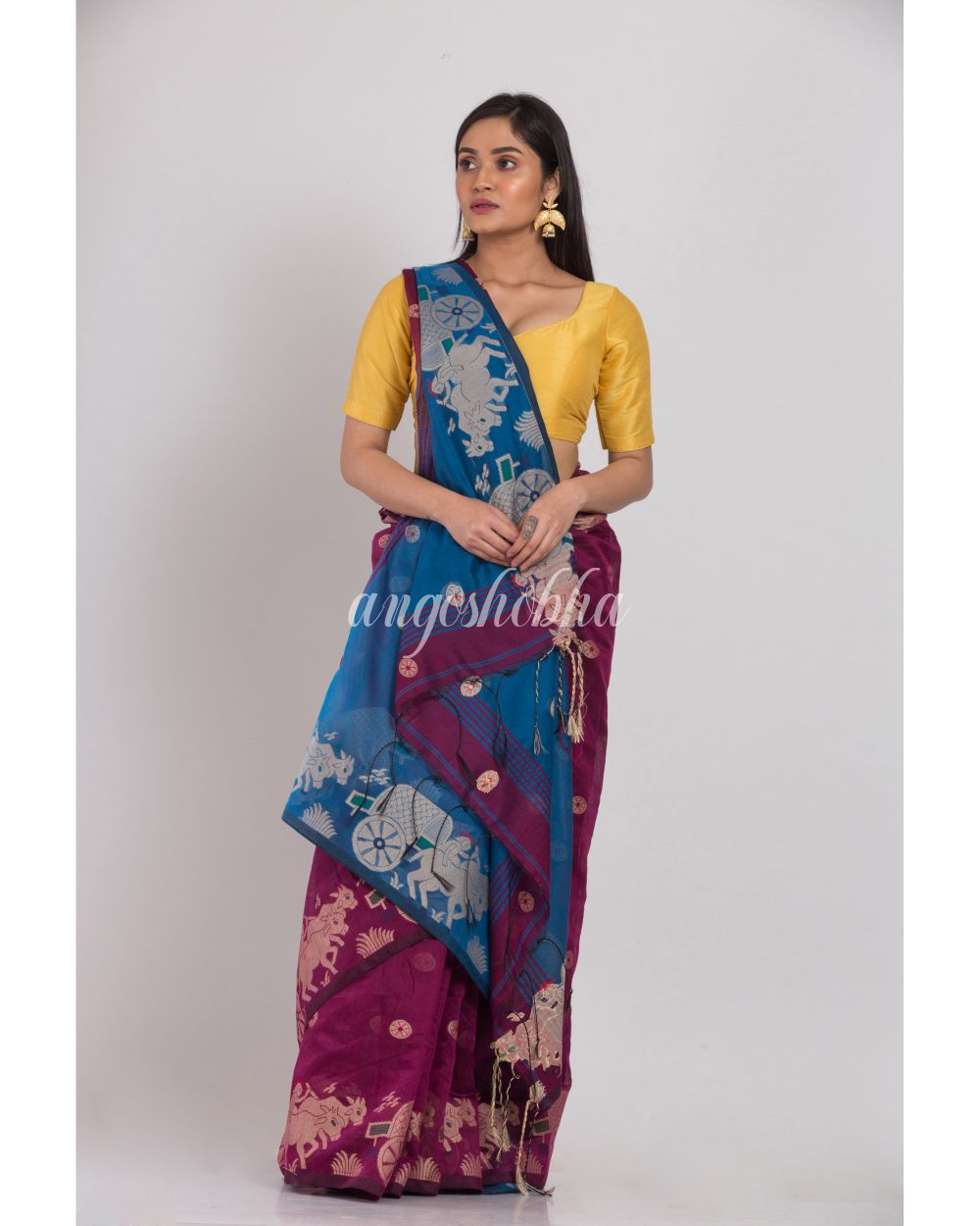 Magenta Handloom Blended Cotton Saree angoshobha